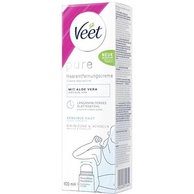 Veet Pure Haarentfernungscreme für Bikinizone & Achseln Enthaarungscreme für sensible Haut Mit Bio Aloe-Vera, Vegan 100 ml Tube mit gewölbtem Applikator & Spatel Veet Pure Haarentfernungscreme für Bikinizone & Achseln Enthaarungscreme für sensible Haut Mit Bio Aloe-Vera, Vegan 100 ml Tube mit gewölbtem Applikator & Spatel
