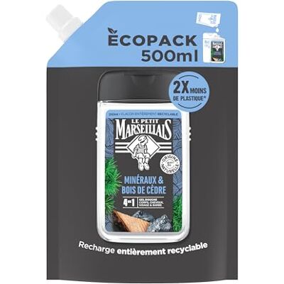 Le Petit Marseillais Le Pe Marseillais Nachfüllpack Duschgel für Herren, Mineralien & Zedernholz (500 ml Ökopack) – 4-in-1-Formel für Körper, Haar, Gesicht & Bart – 92% Inhaltsstoffe natürlichen Ursprungs und Le Petit Marseillais Le Pe Marseillais Nachfüllpack Duschgel für Herren, Mineralien & Zedernholz (500 ml Ökopack) – 4-in-1-Formel für Körper, Haar, Gesicht & Bart – 92% Inhaltsstoffe natürlichen Ursprungs und