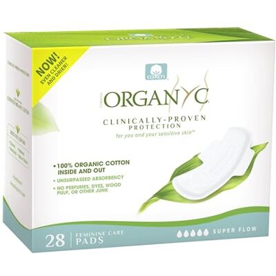 Organyc Nachtbinden aus 100% zertifizierter Bio-Baumwolle, für sehr starke Blutung, besonders saugfähig, mit Flügeln, 28 Stück Organyc Nachtbinden aus 100% zertifizierter Bio-Baumwolle, für sehr starke Blutung, besonders saugfähig, mit Flügeln, 28 Stück