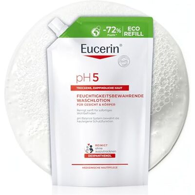 Eucerin pH5 Feuchtigkeitsbewahrende Waschlotion Nachfüllbeutel 750 ml, milde Pflegedusche für trockene und empfindliche Haut, seifenfreies Duschgel für die tägliche Reinigung Eucerin pH5 Feuchtigkeitsbewahrende Waschlotion Nachfüllbeutel 750 ml, milde Pflegedusche für trockene und empfindliche Haut, seifenfreies Duschgel für die tägliche Reinigung