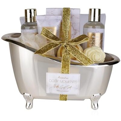 accentra Badeset COSY MOMENTS für Frauen, Geschenkset mit Deko Badewanne in gold, Duschset mit Duschgel, Schaumbad, Badesalz, Badebombe, Handcreme, Seife und Netzschwamm, Geschenk zum Valentinstag accentra Badeset COSY MOMENTS für Frauen, Geschenkset mit Deko Badewanne in gold, Duschset mit Duschgel, Schaumbad, Badesalz, Badebombe, Handcreme, Seife und Netzschwamm, Geschenk zum Valentinstag