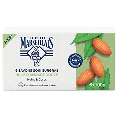 Le Petit Marseillais Le Pe Marseillais rückfettende Pflegeseife mit Mandelöl (6 x 100 g) – feste Hand- & Körperseife mit 98% natürlichen Inhaltsstoffen – Verpackung aus recycelbarem Papier Le Petit Marseillais Le Pe Marseillais rückfettende Pflegeseife mit Mandelöl (6 x 100 g) – feste Hand- & Körperseife mit 98% natürlichen Inhaltsstoffen – Verpackung aus recycelbarem Papier