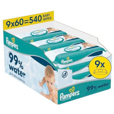 Pampers 99% Water Baby-Feuchttücher, 9 Packungen mit 60 Feuchttüchern = 540 Baby-Feuchttücher, leichte Lotion mit 99% Wasser Pampers 99% Water Baby-Feuchttücher, 9 Packungen mit 60 Feuchttüchern = 540 Baby-Feuchttücher, leichte Lotion mit 99% Wasser