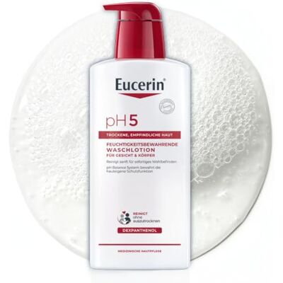 Eucerin pH5 Feuchtigkeitsbewahrende Waschlotion 400 ml, Duschgel Sanfte tägliche Pflegedusche für trockene & empfindliche Haut, seifenfrei, pH-hautneutral, mit Dexpanthenol & Glycerin Eucerin pH5 Feuchtigkeitsbewahrende Waschlotion 400 ml, Duschgel Sanfte tägliche Pflegedusche für trockene & empfindliche Haut, seifenfrei, pH-hautneutral, mit Dexpanthenol & Glycerin