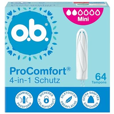 o.b. ProComfort mini 4-in-1 Schutz Tampons, 1 x 64 Stk Tampon mit extra sanfter Spitze für einfaches Einführen und bis zu 100% Auslaufschutz, ideal für Sport und Alltag o.b. ProComfort mini 4-in-1 Schutz Tampons, 1 x 64 Stk Tampon mit extra sanfter Spitze für einfaches Einführen und bis zu 100% Auslaufschutz, ideal für Sport und Alltag