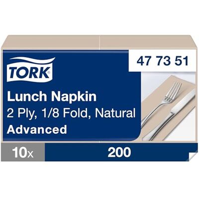 Tork Lunch Napkin Natural, 1/8 Fold, 2-Ply, 33 cm × 33 cm, 10 × 200 Napkins, 477351 Tork Lunch Napkin Natural, 1/8 Fold, 2-Ply, 33 cm × 33 cm, 10 × 200 Napkins, 477351