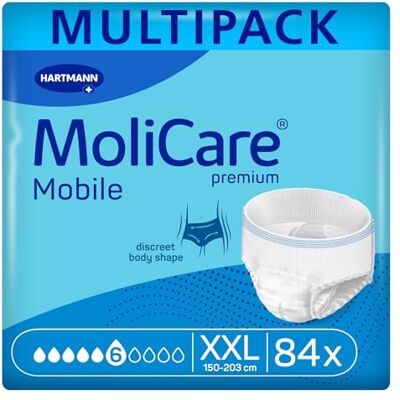 Molicare premium Mobile 6 Tropfen Größe XXL, Inkontinenzhosen für Frauen und Männer mit mittlerer Inkontinenz, extra Auslaufschutz, fortschrittlicher Hautschutz, verbesserte Passform, 84 Stück Molicare premium Mobile 6 Tropfen Größe XXL, Inkontinenzhosen für Frauen und Männer mit mittlerer Inkontinenz, extra Auslaufschutz, fortschrittlicher Hautschutz, verbesserte Passform, 84 Stück