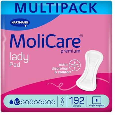 Molicare lady Pad 1.5 Tropfen ultra diskrete Einlagen für Frauen ohne Dufstoffe, dünne & flexible Einlagen für leichte Inkontinenz, geruchsneutralisierend, 192 Stück Molicare lady Pad 1.5 Tropfen ultra diskrete Einlagen für Frauen ohne Dufstoffe, dünne & flexible Einlagen für leichte Inkontinenz, geruchsneutralisierend, 192 Stück