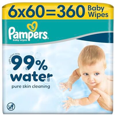 Pampers 99% Water Baby-Feuchttücher, 6 Packungen mit 60 Feuchttüchern = 360 Baby-Feuchttücher, leichte Lotion mit 99% Wasser Pampers 99% Water Baby-Feuchttücher, 6 Packungen mit 60 Feuchttüchern = 360 Baby-Feuchttücher, leichte Lotion mit 99% Wasser