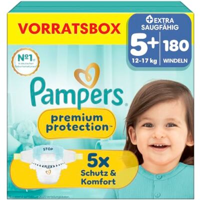 Pampers Premium Protection Größe 5+, 180 Windeln, 12kg-17kg Pampers Premium Protection Größe 5+, 180 Windeln, 12kg-17kg