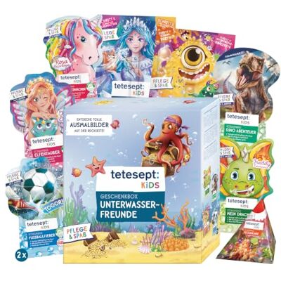 tetesept Kids Geschenkbox Frolumbus Abenteuer, Kinder Badezusatz, 9er Set 9er Geschenkbox mit Sprudelbad, Schaumbad, Badeüberraschung & Dusche, hautpflegende Rezeptur, vegan, mikroplastikfrei tetesept Kids Geschenkbox Frolumbus Abenteuer, Kinder Badezusatz, 9er Set 9er Geschenkbox mit Sprudelbad, Schaumbad, Badeüberraschung & Dusche, hautpflegende Rezeptur, vegan, mikroplastikfrei