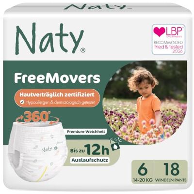 Naty FreeMovers Baby Pants Höschenwindeln, Größe 6 (14–20 kg), 18 Stück Naty FreeMovers Baby Pants Höschenwindeln, Größe 6 (14–20 kg), 18 Stück