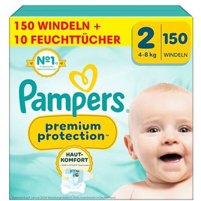 Pampers Premium Protection Größe 2, Windeln, 4kg-8kg, Doppelter Schutz für die Haut und vor Auslaufen +10 Stück Aqua Baby-Feuchttücher enthalten Pampers Premium Protection Größe 2, Windeln, 4kg-8kg, Doppelter Schutz für die Haut und vor Auslaufen +10 Stück Aqua Baby-Feuchttücher enthalten