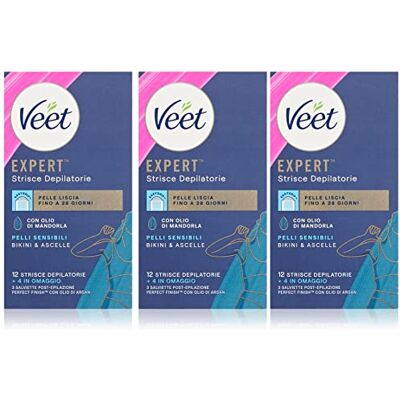 Veet Expert Haarentfernungsstreifen für Achseln und Bikinizone, Waxing für empfindliche Haut mit Mandelöl, dermatologisch getestet, 3 Packungen à 8 x 2 Streifen + 9 Tücher nach der Haarentfernung Veet Expert Haarentfernungsstreifen für Achseln und Bikinizone, Waxing für empfindliche Haut mit Mandelöl, dermatologisch getestet, 3 Packungen à 8 x 2 Streifen + 9 Tücher nach der Haarentfernung
