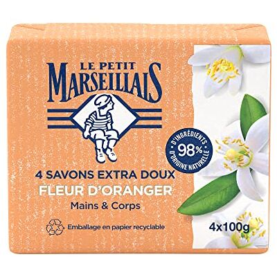 Le Petit Marseillais Le Pe Marseillais Extra milde Orangenblüte Seife (4 x 100 g) – feste Hand- & Körperseife mit 98% natürlichen Inhaltsstoffen – Verpackung aus recycelbarem Papier Le Petit Marseillais Le Pe Marseillais Extra milde Orangenblüte Seife (4 x 100 g) – feste Hand- & Körperseife mit 98% natürlichen Inhaltsstoffen – Verpackung aus recycelbarem Papier