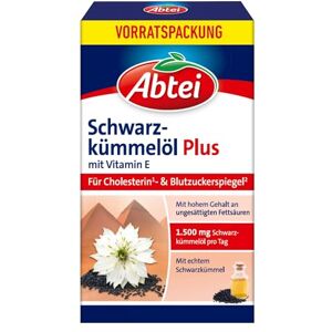 Abtei Schwarzkümmelöl Plus – Mit Vitamin E – Unterstützung für Cholesterin- und Blutzuckerspiegel – Glutenfrei und Laktosefrei – Vorratspackung mit 144 Kapseln Abtei Schwarzkümmelöl Plus – Mit Vitamin E – Unterstützung für Cholesterin- und Blutzuckerspiegel – Glutenfrei und Laktosefrei – Vorratspackung mit 144 Kapseln