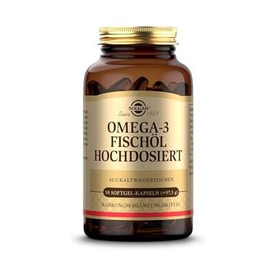 SOLGAR ® Omega-3 Fischöl hochdosiert Kaltwasser-Fischöl mit EPA und DHA Mehrfach ungesättigte Fettsäuren mit 1764 mg Omega-3-Fettsäuren pro Tagesdosis 50 Softgel-Kapseln SOLGAR ® Omega-3 Fischöl hochdosiert Kaltwasser-Fischöl mit EPA und DHA Mehrfach ungesättigte Fettsäuren mit 1764 mg Omega-3-Fettsäuren pro Tagesdosis 50 Softgel-Kapseln