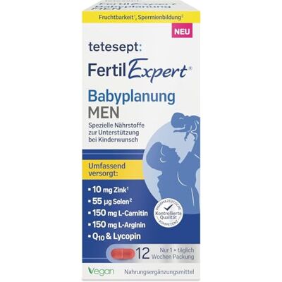 tetesept Fertil Expert Babyplanung MEN, Nahrungsergänzung, 84 Tabletten Nährstoffe für den Mann zur Unterstützung bei Kinderwunsch & Hormon Balance, mit Zink, Selen, L-Arginin & L-Carnitin, vegan tetesept Fertil Expert Babyplanung MEN, Nahrungsergänzung, 84 Tabletten Nährstoffe für den Mann zur Unterstützung bei Kinderwunsch & Hormon Balance, mit Zink, Selen, L-Arginin & L-Carnitin, vegan