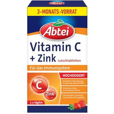 Abtei Vitamin C + Zink Lutschtabletten Für das Immunsystem 90 St. Vorratspackung, veganes & hochdosiertes Vitamin Supplement mit 250 mg Vitamin C + 5 mg Zink, für Abwehrkräfte & Zellschutz Abtei Vitamin C + Zink Lutschtabletten Für das Immunsystem 90 St. Vorratspackung, veganes & hochdosiertes Vitamin Supplement mit 250 mg Vitamin C + 5 mg Zink, für Abwehrkräfte & Zellschutz