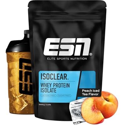 ESN ISOCLEAR Whey Isolate Protein Pulver, Peach Iced Tea, 1000g Proteinlimo mit fruchtig leckerem Geschmack, clear Whey, made in Germany ESN ISOCLEAR Whey Isolate Protein Pulver, Peach Iced Tea, 1000g Proteinlimo mit fruchtig leckerem Geschmack, clear Whey, made in Germany