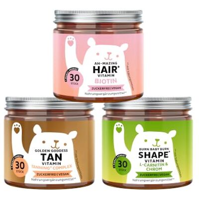 Bears with Benefits Pack Trio Haare, Bräune und Figur 3x30 Stück Gummichärchen mit Biotin für Haare, Kupfer für Hautpigmentierung, Chrom für Stoffwechsel Zuckerfrei, Vegan Bears with Benefits Pack Trio Haare, Bräune und Figur 3x30 Stück Gummichärchen mit Biotin für Haare, Kupfer für Hautpigmentierung, Chrom für Stoffwechsel Zuckerfrei, Vegan