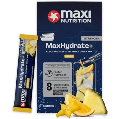 MaxiNutrition MaxNutrition MaxHydrate+ Strength Elektrolyte 8 Sticks á 1.469 mg Elektrolyten & 3 g Kreatin, Isotonisches Getränkepulver zur besseren Versorgung mit Flüssigkeit, Exotic, Vitamin Drink MaxiNutrition MaxNutrition MaxHydrate+ Strength Elektrolyte 8 Sticks á 1.469 mg Elektrolyten & 3 g Kreatin, Isotonisches Getränkepulver zur besseren Versorgung mit Flüssigkeit, Exotic, Vitamin Drink