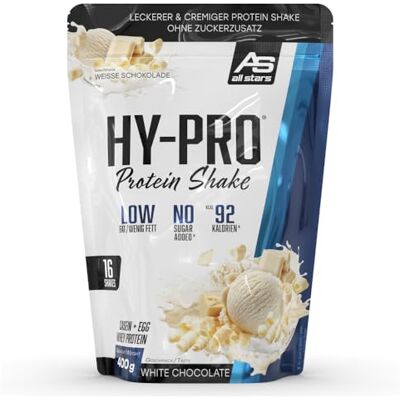 All Stars Hy-Pro 4-Komponenten Protein Pulver 400g White Chocolate Proteinpulver ohne Zuckerzusatz, Cremiger Shake mit 30,6g Eiweiß pro Portion, 4 hochwertige Proteinkomponenten fürs Training All Stars Hy-Pro 4-Komponenten Protein Pulver 400g White Chocolate Proteinpulver ohne Zuckerzusatz, Cremiger Shake mit 30,6g Eiweiß pro Portion, 4 hochwertige Proteinkomponenten fürs Training