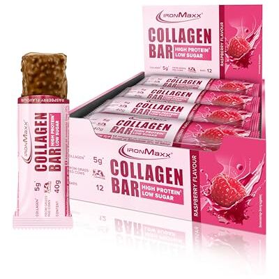 IronMaxx Collagen Protein Bar Riegel 40g Raspberry 12 Stk. Zuckerarmer High Protein Riegel mit Kollagen Typ 1, 2 & 3, 5g Kollagen pro Riegel vom grasgefütterten Rind IronMaxx Collagen Protein Bar Riegel 40g Raspberry 12 Stk. Zuckerarmer High Protein Riegel mit Kollagen Typ 1, 2 & 3, 5g Kollagen pro Riegel vom grasgefütterten Rind