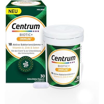 Centrum BIOTIC+ IMMUN¹ Milchsäurebakterien & Vitamine, 30 Kapseln Bakterienkulturen für den Darm aus 18 Stämmen mit Vitamin D, Zink & Selen für das Immunsystem, glutenfrei und laktosefrei. Centrum BIOTIC+ IMMUN¹ Milchsäurebakterien & Vitamine, 30 Kapseln Bakterienkulturen für den Darm aus 18 Stämmen mit Vitamin D, Zink & Selen für das Immunsystem, glutenfrei und laktosefrei.