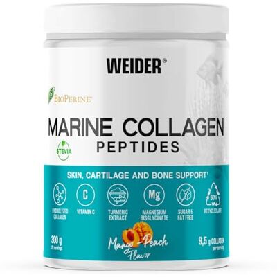 Weider Marine Collagen (300 g) Mango-Pfirsich, 9,5 g/Portion Fischkollagen Hydrolysiertes Kollagen mit Vitamin C, Mg, Kurkumaextrakt und schwarzem Pfeffer (BioPerine) für Haut, Knorpel und Knochen Weider Marine Collagen (300 g) Mango-Pfirsich, 9,5 g/Portion Fischkollagen Hydrolysiertes Kollagen mit Vitamin C, Mg, Kurkumaextrakt und schwarzem Pfeffer (BioPerine) für Haut, Knorpel und Knochen