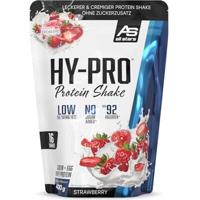 All Stars Hy-Pro Whey Protein Pulver ohne Zucker 400g Erdbeere Cremiger Shake mit 30,5g Eiweiß pro Portion, 4 hochwertige Proteinkomponenten All Stars Hy-Pro Whey Protein Pulver ohne Zucker 400g Erdbeere Cremiger Shake mit 30,5g Eiweiß pro Portion, 4 hochwertige Proteinkomponenten