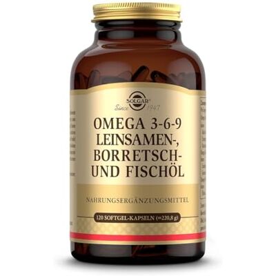 SOLGAR ® OMEGA 3-6-9 Ausgewogenes Verhältnis von Omega-3-, 6- und 9-Fettsäuren aus Leinsamen-, Borretsch- und Fischöl 120 Softgel-Kapseln für 40 Tage SOLGAR ® OMEGA 3-6-9 Ausgewogenes Verhältnis von Omega-3-, 6- und 9-Fettsäuren aus Leinsamen-, Borretsch- und Fischöl 120 Softgel-Kapseln für 40 Tage