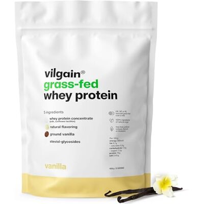 Vilgain Grass-Fed Whey Protein (1000g) Vanille, Eiweißpulver Konzentrat aus Weidemilch, Gesüßt mit Stevia, Ohne Zuckerzusatz, Ultrafiltriertes Protein Pulver für Shakes, 1 kg Vilgain Grass-Fed Whey Protein (1000g) Vanille, Eiweißpulver Konzentrat aus Weidemilch, Gesüßt mit Stevia, Ohne Zuckerzusatz, Ultrafiltriertes Protein Pulver für Shakes, 1 kg