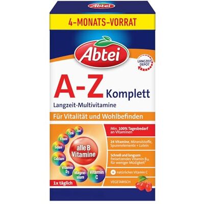 Abtei A-Z Komplett Langzeit-Multivitamine – Multivitamintabletten mit 24 Vitaminen und Mineralstoffen – für das Wohlbefinden – vegetarisch – Vorratspackung – 120 Tabletten für 4 Monate Abtei A-Z Komplett Langzeit-Multivitamine – Multivitamintabletten mit 24 Vitaminen und Mineralstoffen – für das Wohlbefinden – vegetarisch – Vorratspackung – 120 Tabletten für 4 Monate