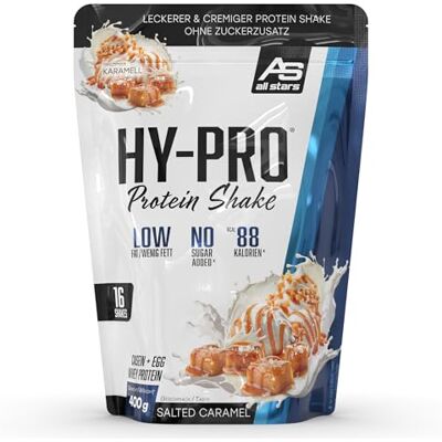 All Stars Hy-Pro Whey Protein Pulver ohne Zucker 400g Salted Caramel Cremiger Shake mit 30g Eiweiß pro Portion, 4 hochwertige Proteinkomponenten All Stars Hy-Pro Whey Protein Pulver ohne Zucker 400g Salted Caramel Cremiger Shake mit 30g Eiweiß pro Portion, 4 hochwertige Proteinkomponenten