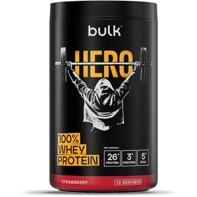 Bulk Hero Whey Protein Powder Strawberry 13 Servings 26g Protein + 3g Creatine 5g BCAAs Low Sugar Fast Absorption Isolate, Hydrolysed & Concentrate Blend Bulk Hero Whey Protein Powder Strawberry 13 Servings 26g Protein + 3g Creatine 5g BCAAs Low Sugar Fast Absorption Isolate, Hydrolysed & Concentrate Blend