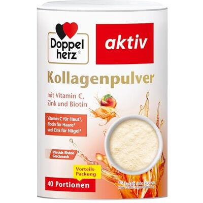 Doppelherz Kollagenpulver mit Vitamin C, Zink und Biotin, 5000 mg Kollagenhydrolysat je 7,5 g Pulver, 40 Portionen, Pfirsich-Eistee Gechmack, 300 g Doppelherz Kollagenpulver mit Vitamin C, Zink und Biotin, 5000 mg Kollagenhydrolysat je 7,5 g Pulver, 40 Portionen, Pfirsich-Eistee Gechmack, 300 g