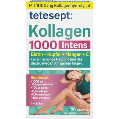 tetesept Kollagen 1000 Intens, Nahrungsergänzungsmittel, 30 Tabletten Mit Vitamin C, Biotin, Kupfer & Mangan, für Bindegewebe & ein schönes Hautbild, hochdosiert, gluten- & laktosefrei tetesept Kollagen 1000 Intens, Nahrungsergänzungsmittel, 30 Tabletten Mit Vitamin C, Biotin, Kupfer & Mangan, für Bindegewebe & ein schönes Hautbild, hochdosiert, gluten- & laktosefrei