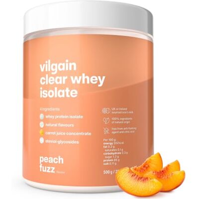 Vilgain Clear Whey Isolate Molkenproteinisolat 500g Pulver Pfirsich-Fuzz 85% Eiweiß, BCAAs & Leucin, Stevia-Süße, ohne Sucralose, natürliches Karottensaft-Konzentrat, fettarm, zuckerarm, Isolat Vilgain Clear Whey Isolate Molkenproteinisolat 500g Pulver Pfirsich-Fuzz 85% Eiweiß, BCAAs & Leucin, Stevia-Süße, ohne Sucralose, natürliches Karottensaft-Konzentrat, fettarm, zuckerarm, Isolat