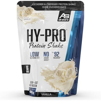 All Stars Hy-Pro Whey Protein Pulver ohne Zucker 400g Vanille Cremiger Shake mit 30,8g Eiweiß pro Portion, 4 hochwertige Proteinkomponenten All Stars Hy-Pro Whey Protein Pulver ohne Zucker 400g Vanille Cremiger Shake mit 30,8g Eiweiß pro Portion, 4 hochwertige Proteinkomponenten