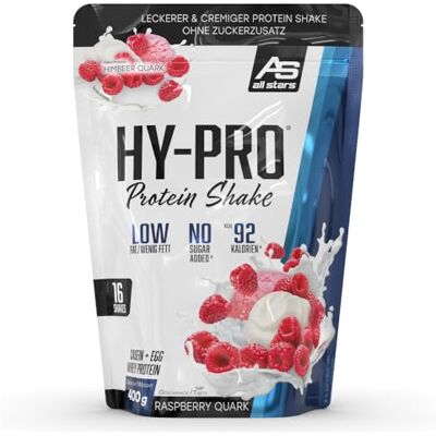 All Stars Hy-Pro 4-Komponenten Protein Pulver 400g Himbeer-Quark Proteinpulver ohne Zuckerzusatz, Cremiger Shake mit 30,6g Eiweiß pro Portion, 4 hochwertige Proteinkomponenten fürs Training All Stars Hy-Pro 4-Komponenten Protein Pulver 400g Himbeer-Quark Proteinpulver ohne Zuckerzusatz, Cremiger Shake mit 30,6g Eiweiß pro Portion, 4 hochwertige Proteinkomponenten fürs Training
