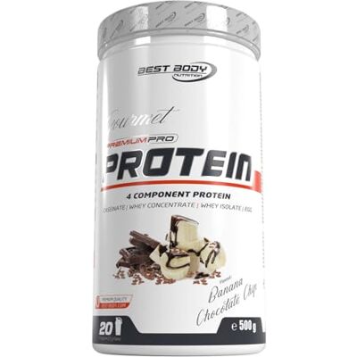Best Body Nutrition Gourmet Premium Pro Protein Banana Chocolate Chip 500g Dose, 4 Komponenten Eiweißpulver mit Caseinat, Whey, Isolat, Eiprotein – Mehrkomponenten Protein, cremiger Shake Best Body Nutrition Gourmet Premium Pro Protein Banana Chocolate Chip 500g Dose, 4 Komponenten Eiweißpulver mit Caseinat, Whey, Isolat, Eiprotein – Mehrkomponenten Protein, cremiger Shake