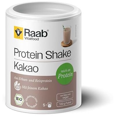Raab Vitalfood ® Bio Protein Shake Kakao Pulver (100 g) mit Reis- und Erbsenprotein, ohne Soja, 60% Proteingehalt, mit feinem Bio Kakaopulver, milde Süße aus Agave Raab Vitalfood ® Bio Protein Shake Kakao Pulver (100 g) mit Reis- und Erbsenprotein, ohne Soja, 60% Proteingehalt, mit feinem Bio Kakaopulver, milde Süße aus Agave
