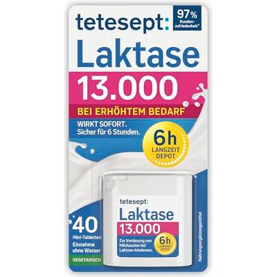 tetesept Laktase 13.000, Laktasetabletten, 1 x 40 Stück Tabletten bei Laktoseunverträglichkeit, Sofortwirkung & 6h Langzeit-Depot, 13.000 FCC-Einheiten, gluten- & laktosefrei tetesept Laktase 13.000, Laktasetabletten, 1 x 40 Stück Tabletten bei Laktoseunverträglichkeit, Sofortwirkung & 6h Langzeit-Depot, 13.000 FCC-Einheiten, gluten- & laktosefrei