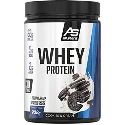 All Stars 100% WHEY PROTEIN 908g I Eiweiß-Pulver mit Whey-Konzentrat & Isolat I leckeres Low-Fat Powder I hochwertiges Protein-Pulver I cremiger Protein-Shake mit Cookies & Cream-Flavour All Stars 100% WHEY PROTEIN 908g I Eiweiß-Pulver mit Whey-Konzentrat & Isolat I leckeres Low-Fat Powder I hochwertiges Protein-Pulver I cremiger Protein-Shake mit Cookies & Cream-Flavour