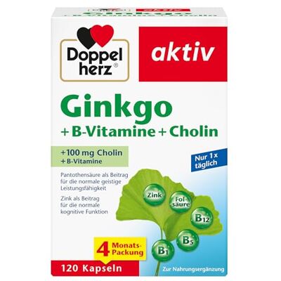 Doppelherz Ginkgo + B-Vitamine + Cholin Mit Pantothensäure als Beitrag zur normalen geistigen Leistungsfähigkeit 120 Kapseln Doppelherz Ginkgo + B-Vitamine + Cholin Mit Pantothensäure als Beitrag zur normalen geistigen Leistungsfähigkeit 120 Kapseln