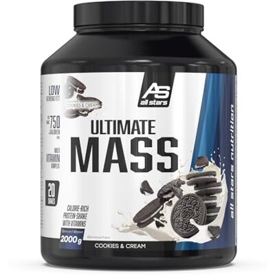 All Stars Ultimate Mass Gain Weight Gainer 2000g, Cookies and Cream Mit 365kcal & ca. 74g Kohlenhydrate pro Portion, Mass Gainer für Kraftsportler mit Multivitamin Komplex All Stars Ultimate Mass Gain Weight Gainer 2000g, Cookies and Cream Mit 365kcal & ca. 74g Kohlenhydrate pro Portion, Mass Gainer für Kraftsportler mit Multivitamin Komplex