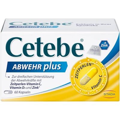 CETEBE Abwehr plus Nahrungsergänzungsmittel zur dreifachen Unterstützung der Abwehrkräfte mit ZEITPERLEN Vitamin C, Vitamin D und Zink 1 x 60 Kapseln CETEBE Abwehr plus Nahrungsergänzungsmittel zur dreifachen Unterstützung der Abwehrkräfte mit ZEITPERLEN Vitamin C, Vitamin D und Zink 1 x 60 Kapseln