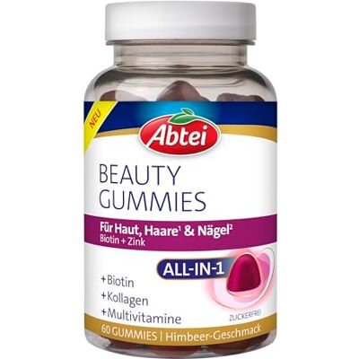 Abtei Beauty Gummies – zuckerfreie Kollagen-Gummibärchen – mit Biotin und Zink für Haut, Haare und Nägel – Himbeer-Geschmack – glutenfrei, laktosefrei, frei von Farbstoffen – 60 Stück Abtei Beauty Gummies – zuckerfreie Kollagen-Gummibärchen – mit Biotin und Zink für Haut, Haare und Nägel – Himbeer-Geschmack – glutenfrei, laktosefrei, frei von Farbstoffen – 60 Stück