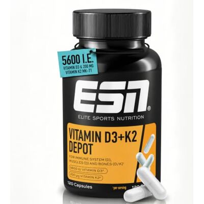 ESN Vitamin D3 + K2 Depot, 120 Kapseln 5600 IU Vitamin D3 & 200 µg Vitamin K2, für Immunsystem und Knochen, made in Germany ESN Vitamin D3 + K2 Depot, 120 Kapseln 5600 IU Vitamin D3 & 200 µg Vitamin K2, für Immunsystem und Knochen, made in Germany